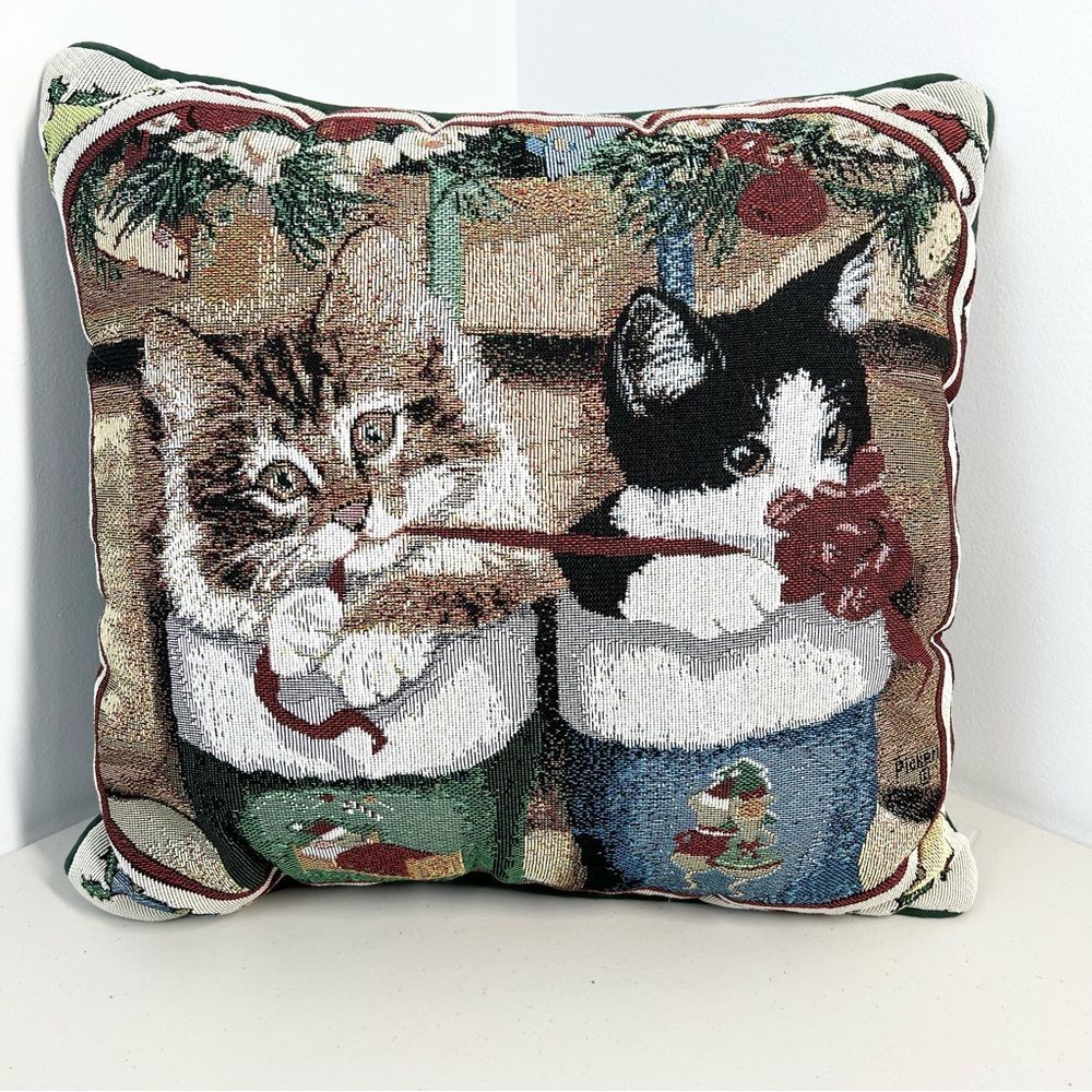Picken Christmas Stocking Cat Kittens Tapestry Decorative Accent Pillow